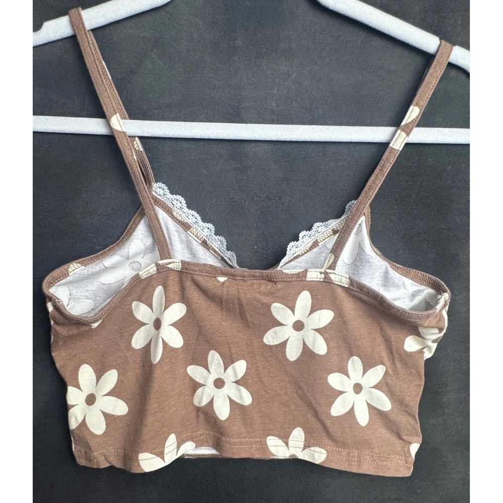 Daisy Street Cami Crop Top Medium Brown Floral Cotton Stretch Y2K Lace Trim M - Picture 4 of 6